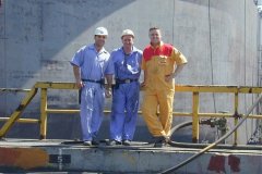 Asry Dry Dock, Bahrain from left to right, David Waugh, Ramond Bardwell, Lee Bullock (just to show the lads how to do a real blasting job)